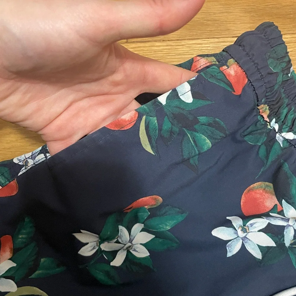 Abercrombie & Fitch Mens L Navy Orange Floral Citrus Swim Trunks Relaxed Stretch